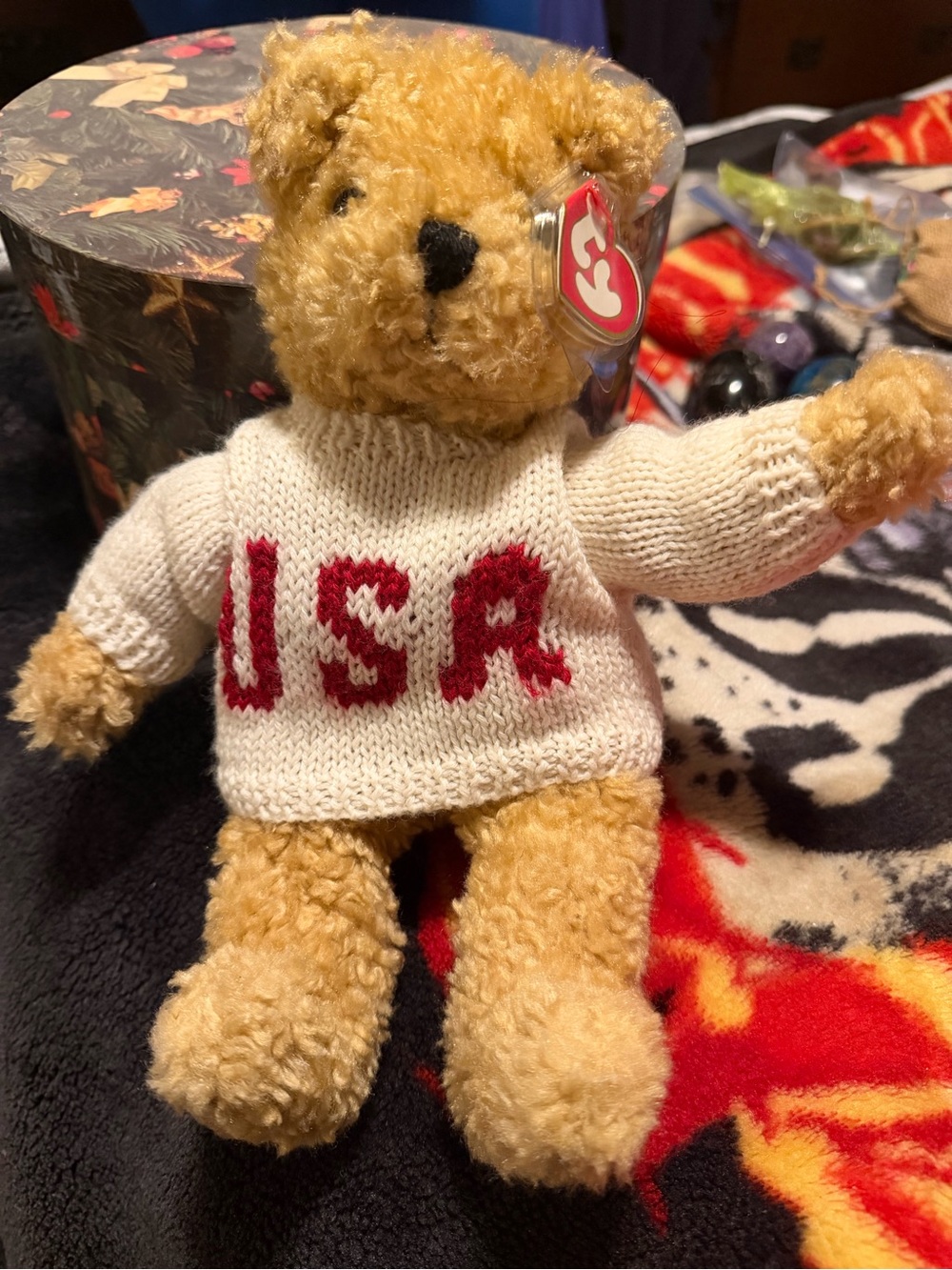 Ty Tan Teddy Bear with White Sweater and Red USA Letters